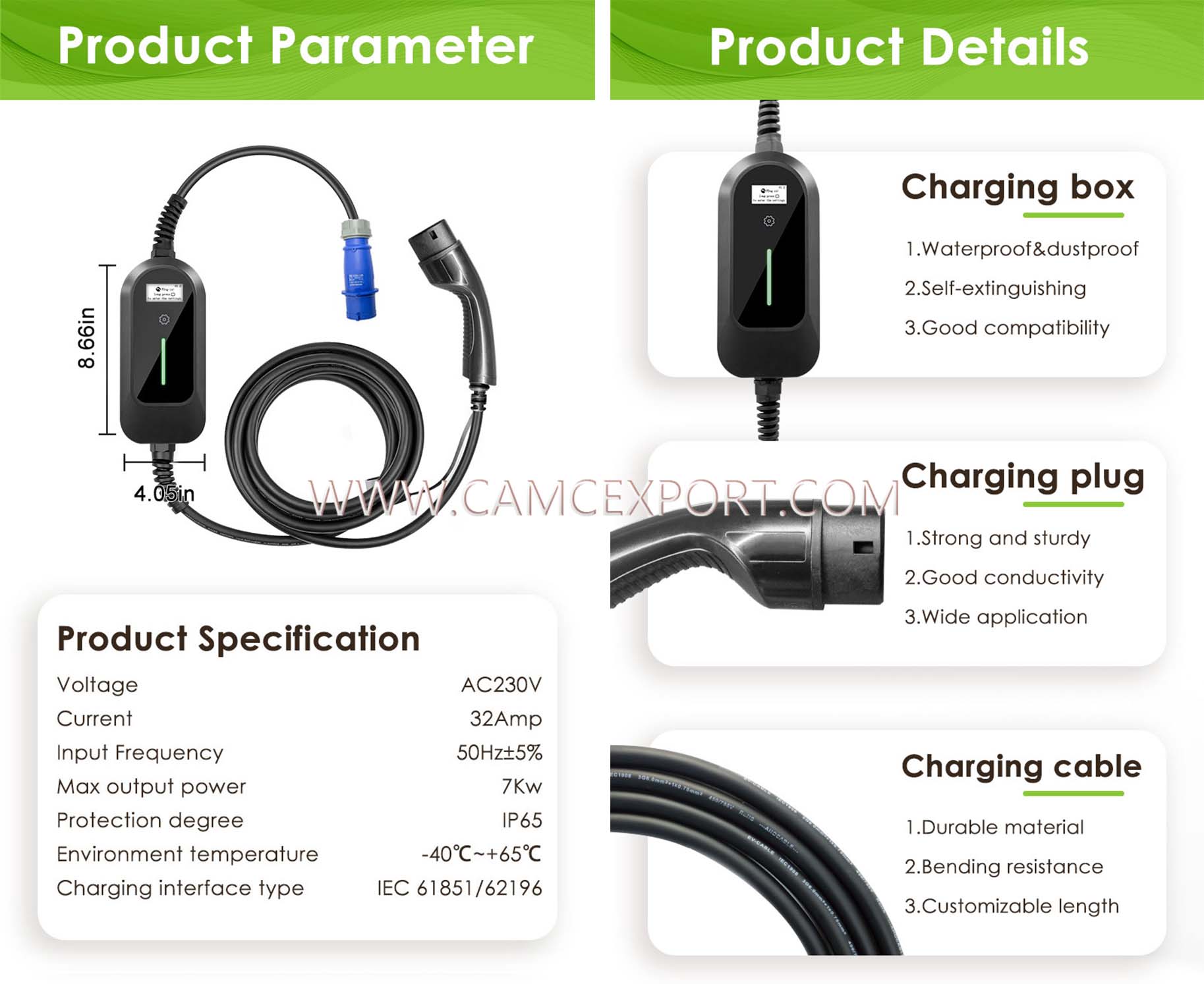 ព័ត៌មានលម្អិតអំពីឆ្នាំងសាករថយន្តអគ្គិសនីចល័ត AC 7kw